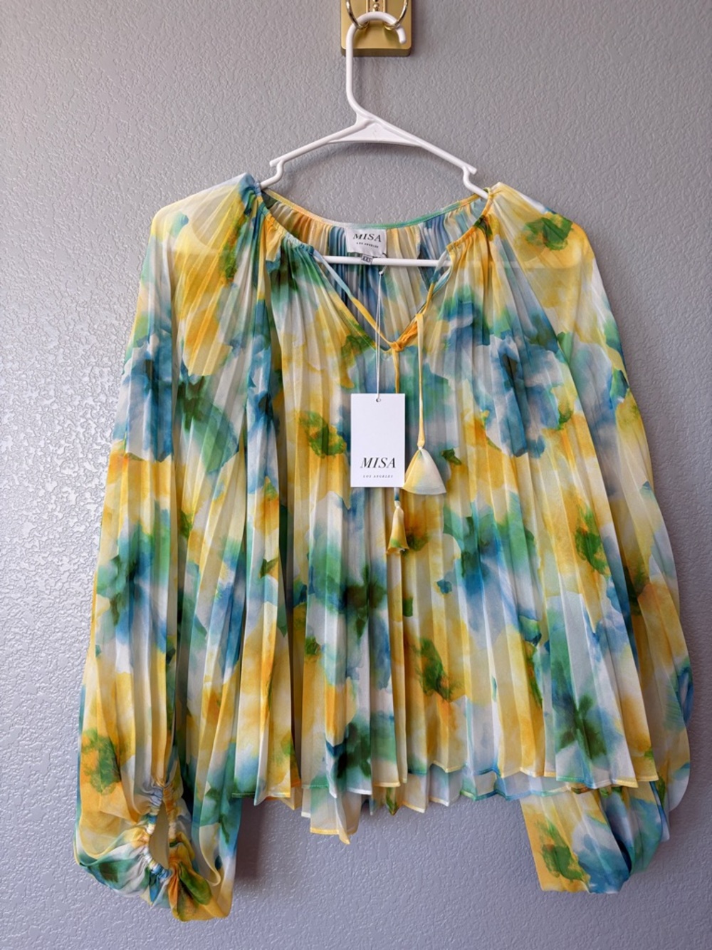MISA Los Angeles Yellow Multi Watercolor Pleated Tie-Neck Blouse